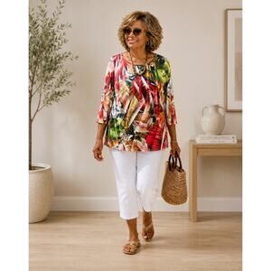 Peck & Peck Women Abstract Design Tropical Print 3/4 Sleeve Size L